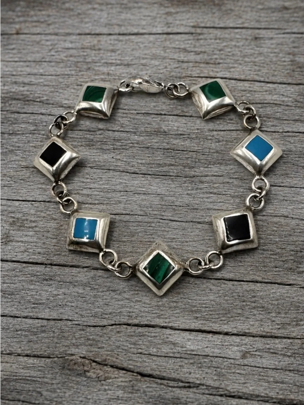 Sterling Silver Turquoise Onyx Malachite Multi Stone Inlay Link Bracelet 7.5